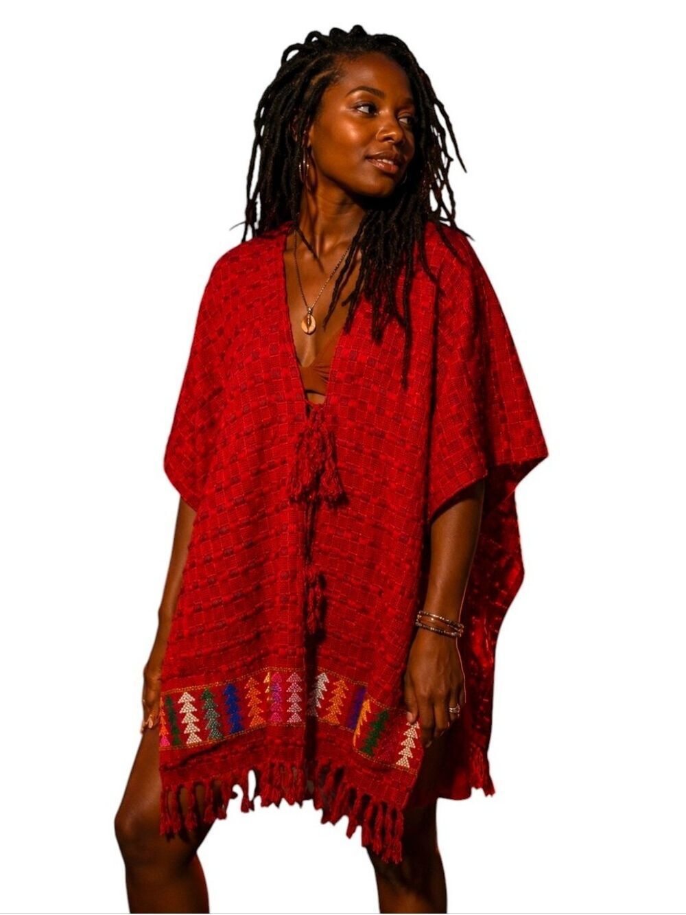 Vintage Guatemalan Huipil Poncho Handwoven Mayan Open Front Ruana Cape Red Boho
